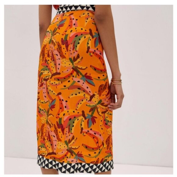 Farm Rio Contrast Wrap Midi Skirt Anthropologie Vibrant Banana Print XS beaded - Picture 2 of 16